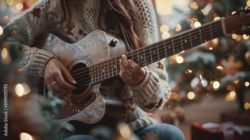 Woman Playing Acoustic Guitar by Christmas Tree with Twinkling Lights