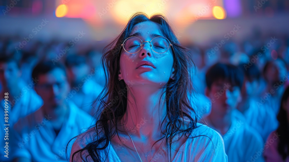 Woman in Glasses Meditating in Blue-Hued Gathering
Woman in Glasses Meditating in Blue-Hued Gathering