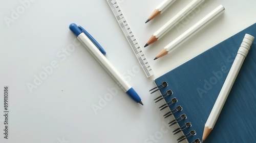 Office Supplies: Blue Pen, Spiral Notebook, Pencils, and Ruler on White Background photo