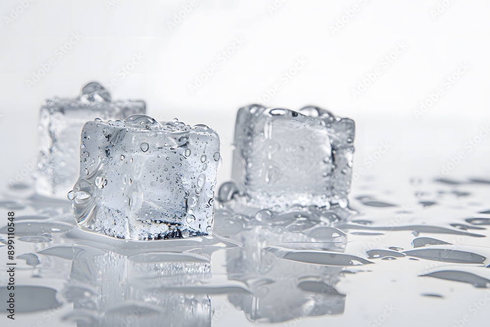 a trio of melting ice cubes on a glass table with a white background a trio of melting ice cubes on a glass table with a white background