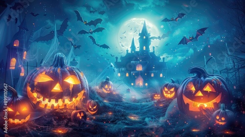 ** Haunted Halloween Night: Spooky Pumpkin Patch and Eerie Castle Under Full Moon