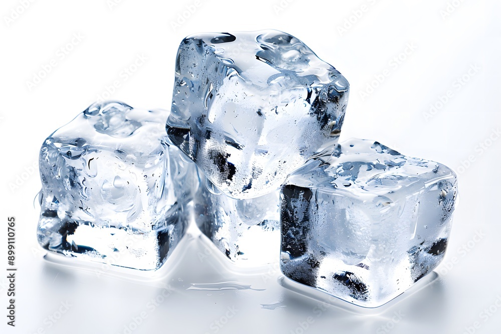 melting ice cubes creating water puddles on a glass table with a white background melting ice cubes creating water puddles on a glass table with a white background