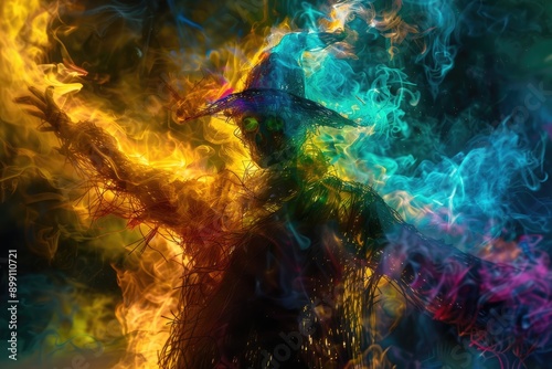 Abstract flames in vibrant hues forming the shape of a sinister scarecrow