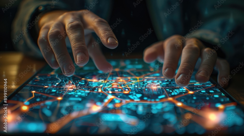 Hands Mapping Digital Navigation on Touch Screen Tablet with Futuristic Blue Interface Hands Mapping Digital Navigation on Touch Screen Tablet with Futuristic Blue Interface
