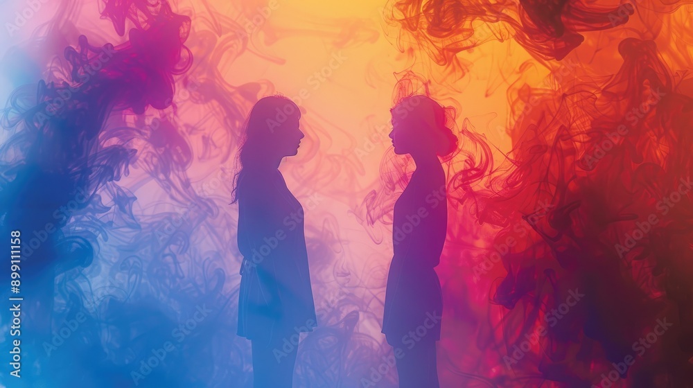 Silhouette of Two Women Facing Each Other Amidst Colorful Smoke and Abstract Background Silhouette of Two Women Facing Each Other Amidst Colorful Smoke and Abstract Background
