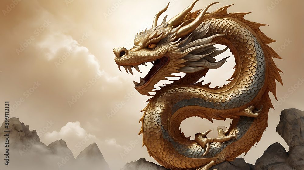 Fototapeta premium A digital illustration of a Feng Shui dragon, symbolizing power, protection, and success, with intricate scales and a dynamic pose, with space for text.