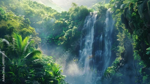 Mystical Waterfall in Lush Rainforest