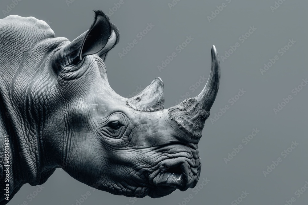 Obraz premium Majestic rhino turning head black and white image for travel and wildlife themes