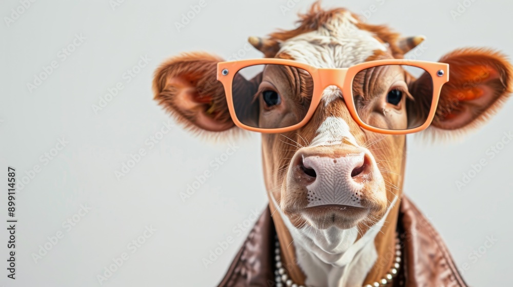 Funny cow wearing orange glasses and a leather jacket with pearls. Surreal livestock photo with humorous fashion style. Quirky farm animal portrait. Funny cow wearing orange glasses and a leather jacket with pearls. Surreal livestock photo with humorous fashion style. Quirky farm animal portrait.