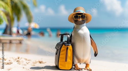 Fun vacation concept featuring a penguin with a suitcase and sunglasses on a tropical beach, perfect for travel and summer themes.