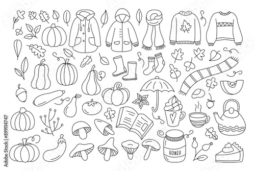 Autumn Editable Stroke Elements Big Set. Fall Doodles Outline. Warm Clothes, Mushrooms, Pumpkins, Leaves.