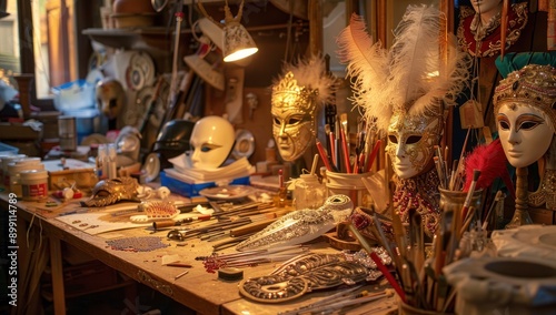 Venetian Masks and Tools in a Craftsman's Workshop