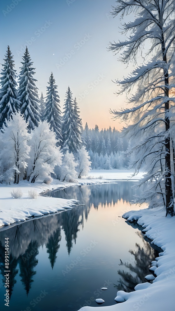 A serene winter landscape with snow-covered trees and a frozen lake, winter wonderland, peaceful, snowy, cold, tranquil, isolated, white, scenic, nature, fantasy style A serene winter landscape with snow-covered trees and a frozen lake, winter wonderland, peaceful, snowy, cold, tranquil, isolated, white, scenic, nature, fantasy style