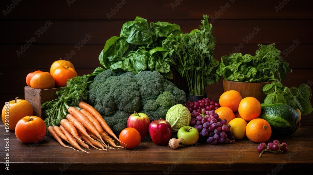 A vibrant assortment of fresh fruits and vegetables neatly arranged on a rustic wooden table, showcasing colors from deep greens to bright oranges and reds. A vibrant assortment of fresh fruits and vegetables neatly arranged on a rustic wooden table, showcasing colors from deep greens to bright oranges and reds.
