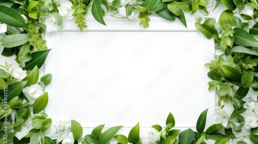 Fototapeta premium Artistic flat lay design with fresh green leaves forming a border around a clean white square frame, showcasing contrast between nature and minimalism