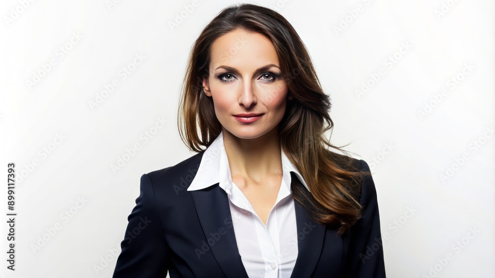A professional, high-contrast portrait of a stylish businesswoman's attire, including a fitted jacket and crisp blouse, isolated on white. A professional, high-contrast portrait of a stylish businesswoman's attire, including a fitted jacket and crisp blouse, isolated on white.