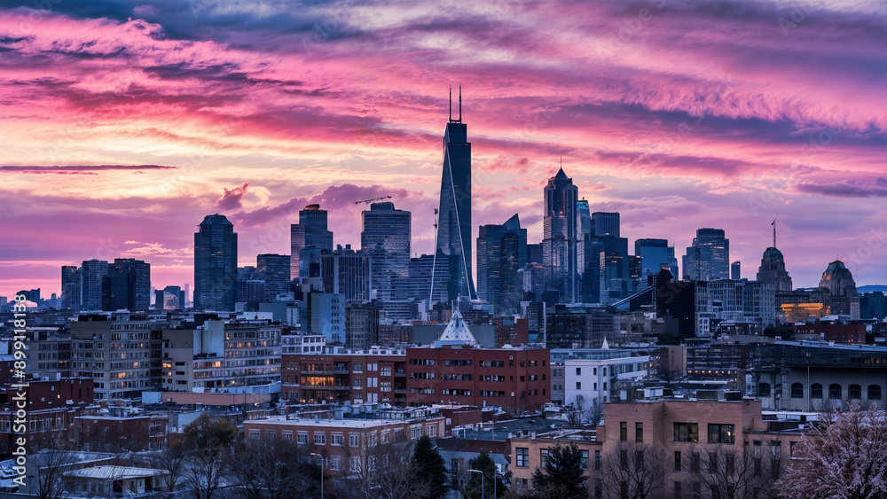 Obraz premium A Panoramic View of the Chicago Skyline During Sunset. The Sky Is a Beautiful Gradient of Pink, Orange, and Yellow, Creating a Stunning Backdrop for the City Skyline.