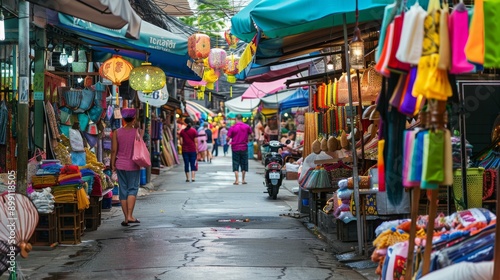 A vibrant bustling street market in a Southeast Asian city with colorful goods and lively vendors, lively setting with rich cultural details, Market style