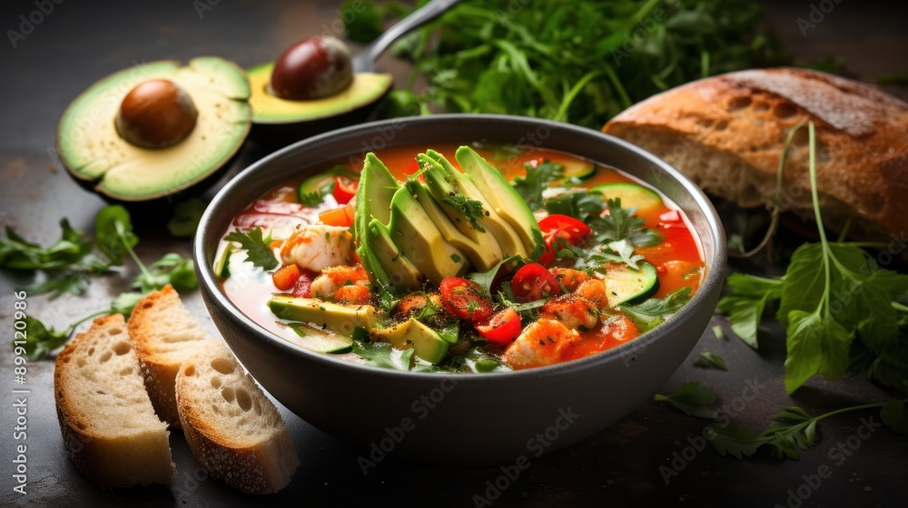 A colorful bowl of vegetable soup garnished with fresh herbs and a side of vegan sandwiches filled with avocado, tomato, and greens A colorful bowl of vegetable soup garnished with fresh herbs and a side of vegan sandwiches filled with avocado, tomato, and greens
