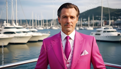 A male professional in his 40s wearing a vibrant fuchsia designer suit with a harbor backdrop