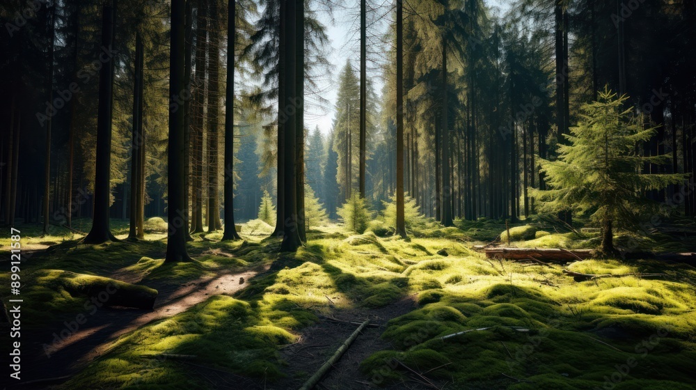 A peaceful scene of a vibrant spruce forest, showcasing the rich green colors of the trees under a bright sun, with dappled light filtering through the foliage. A peaceful scene of a vibrant spruce forest, showcasing the rich green colors of the trees under a bright sun, with dappled light filtering through the foliage.