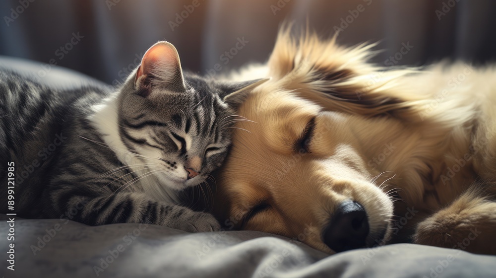 A cozy indoor scene with a cat and dog sleeping peacefully together on a soft blanket A cozy indoor scene with a cat and dog sleeping peacefully together on a soft blanket