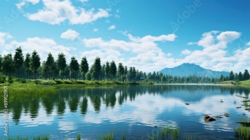 A peaceful scene of a vibrant spruce forest, showcasing the rich green colors of the trees under a bright sun, with dappled light filtering through the foliage.