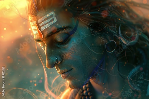 Picture of lord shiva with close eyes and three horizontal lines on their forhead on shiny background. Generative. photo