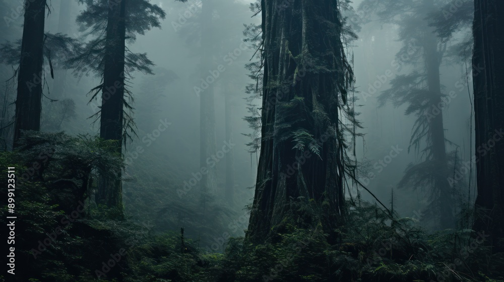 Dense fog over a mysterious, ancient forest with tall trees