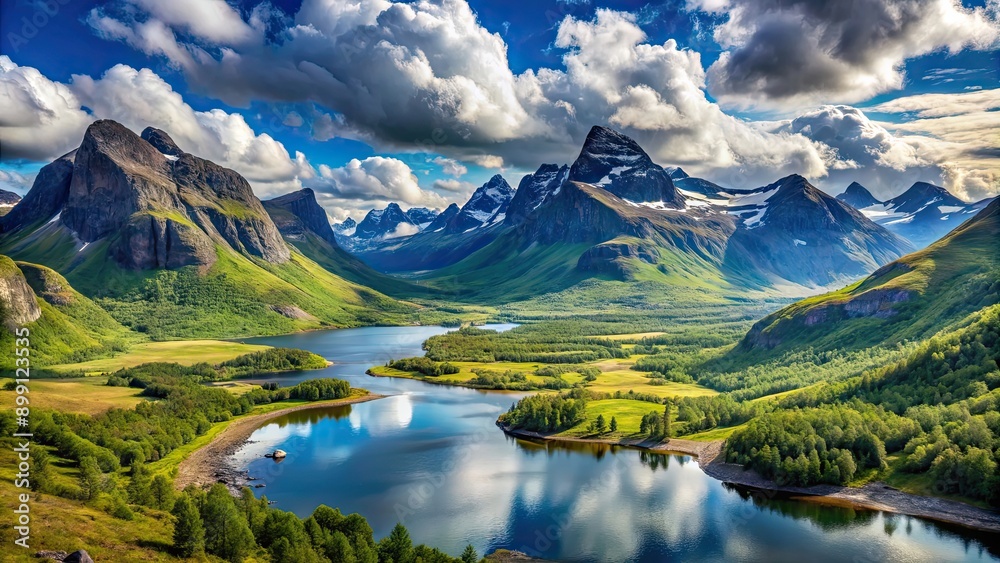 Obraz premium Panoramic view of stunning nordic mountain landscape, mountains, snow, trees, nature, wilderness, scenic, fjords