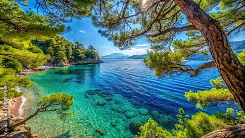 Fototapeta Naklejka Na Ścianę i Meble -  Stunning view through trees of clear blue water at Brela Beach Croatia, Brela Beach, Croatia, trees, view, clear water