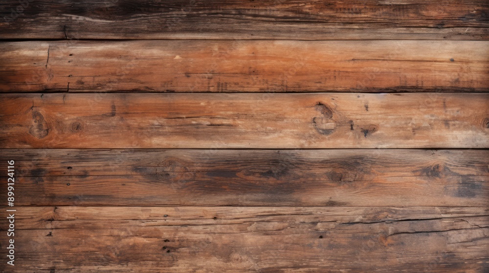 Obraz premium Horizontal composition of weather-beaten wooden boards, showcasing rich patina and intricate wood patterns, great for adding depth to designs