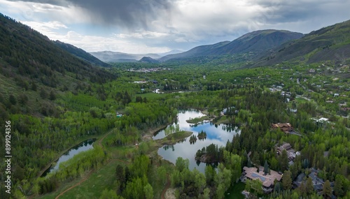 Lakes, mountains and houses of Aspen, Colorado, United States of America.