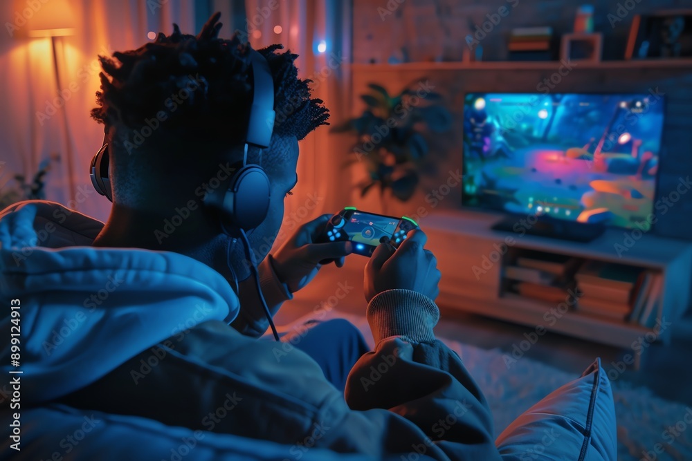 A gamer intensely playing a mobile game on a 5Genabled device A gamer intensely playing a mobile game on a 5Genabled device