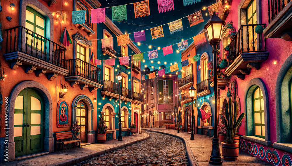 Naklejka premium A lively street is adorned with colorful banners and glowing lanterns, creating a festive atmosphere under the starry night sky