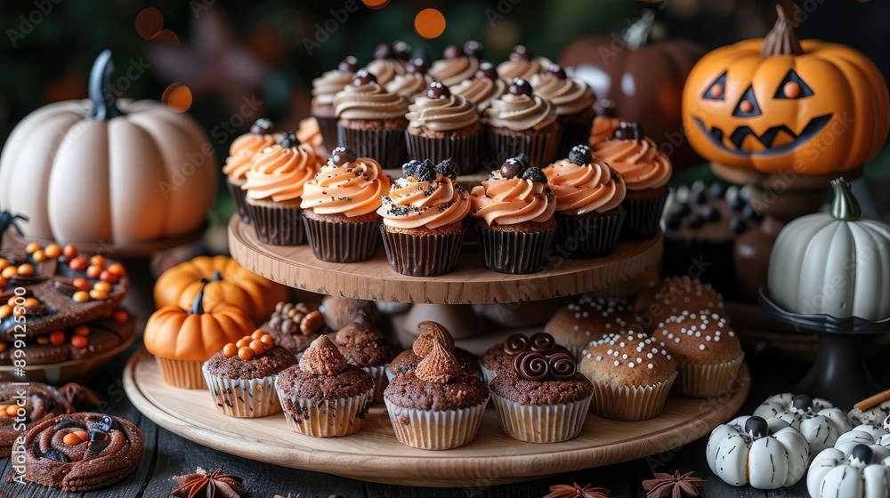 A Halloween dessert platter with detailed 3D spooky cupcakes, cookies, and candy, surrounded by festive decorations