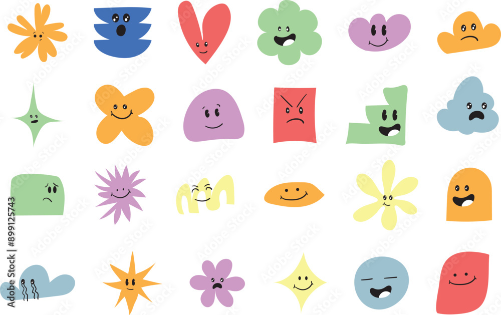 Big Set of Various bright basic Geometric Figures with face emotions. Different shapes. Hand drawn trendy Vector illustration for kids. Cute funny characters. All elements are isolated Big Set of Various bright basic Geometric Figures with face emotions. Different shapes. Hand drawn trendy Vector illustration for kids. Cute funny characters. All elements are isolated