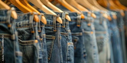 Assorted denim jeans hanging on wooden hangers