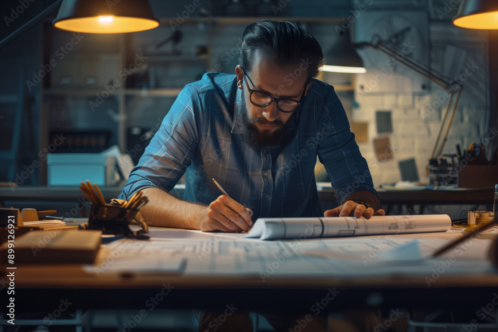Engineer working on a blueprint at a desk Engineer working on a blueprint at a desk