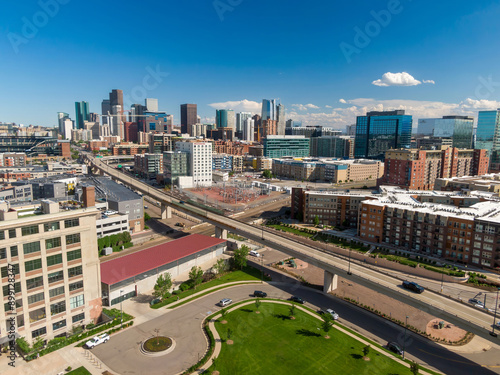 Downtown Denver city skyline and City of Cuernavaca Park. Colorado, United States of America.