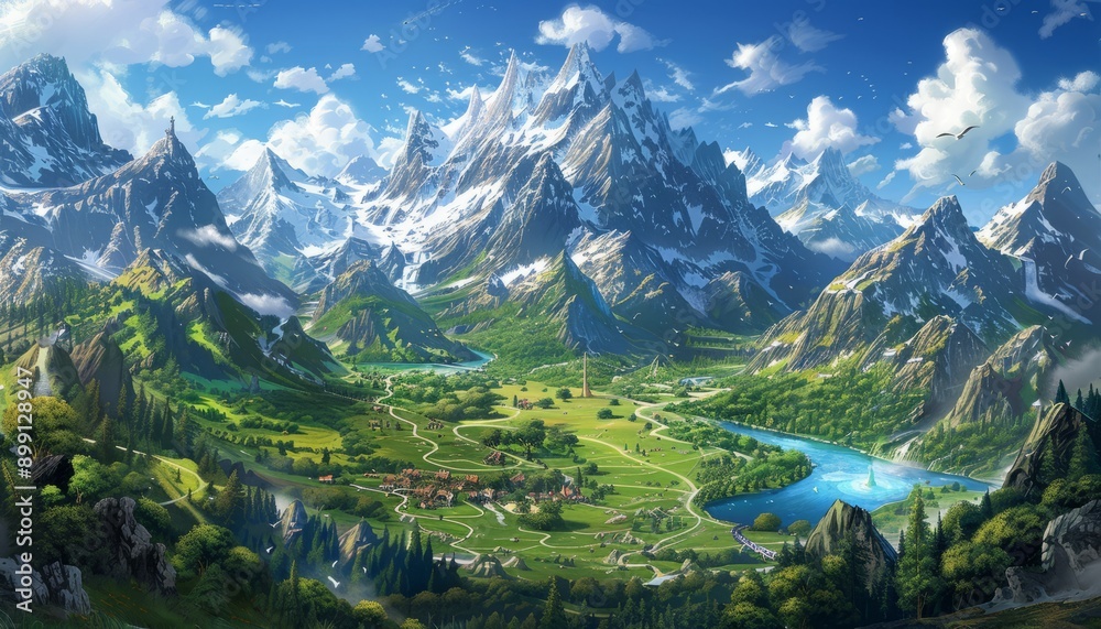 Majestic Mountain Valley with River and Snow-capped Peaks Majestic Mountain Valley with River and Snow-capped Peaks