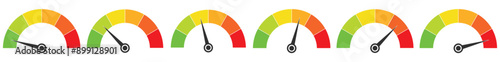 Meter level. Score measure graphic dial with different colors. Speedometer gauge indicator or customer satisfaction metering graph. Progress scale with arrows. Vector infographics set. eps 10