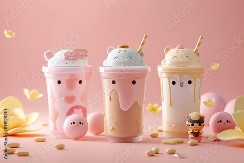 Cute  soy  milk set in cartoon style, different designs, 3D render  , created by ai photo