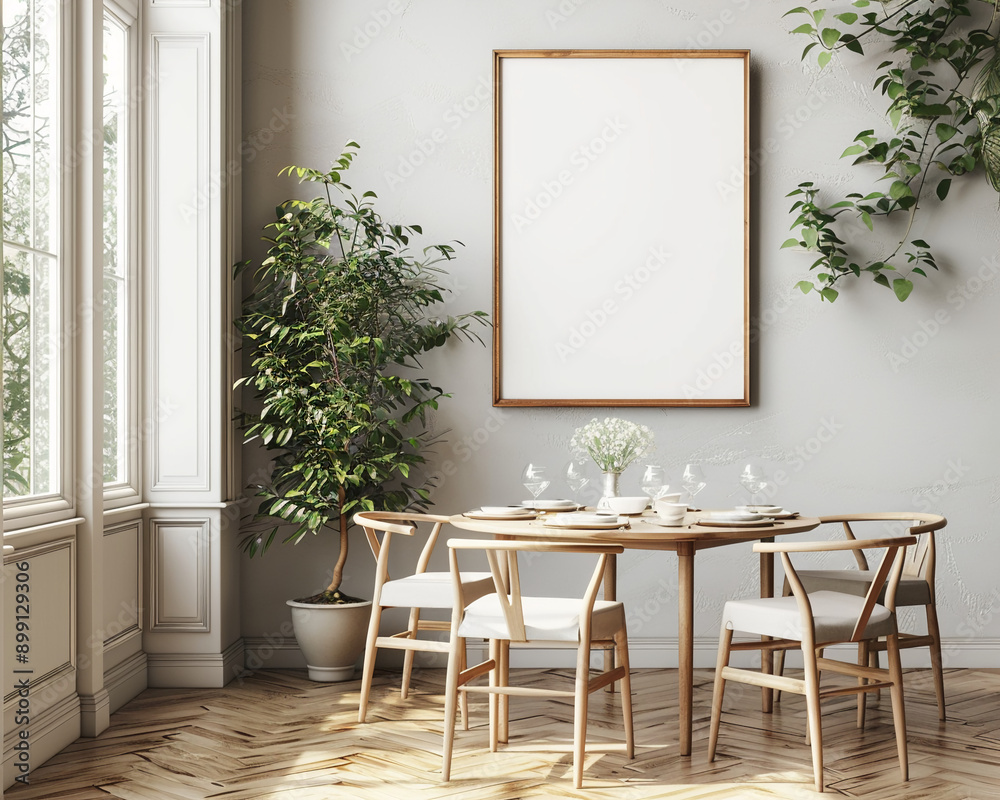 Dining room Scandinavian style with empty frame Dining room Scandinavian style with empty frame