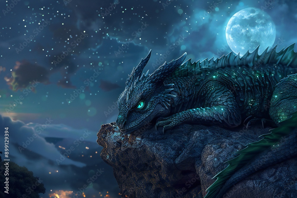 Dragon with emerald scales and piercing eyes resting on a cliff under a starry sky, with a full moon illuminating the scene, genetated by ai Dragon with emerald scales and piercing eyes resting on a cliff under a starry sky, with a full moon illuminating the scene, genetated by ai