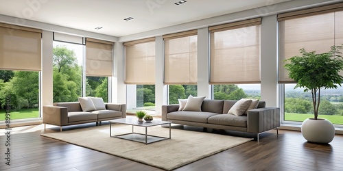 Roller blinds in a modern interior setting , window covering, home decor, interior design © lapeepon