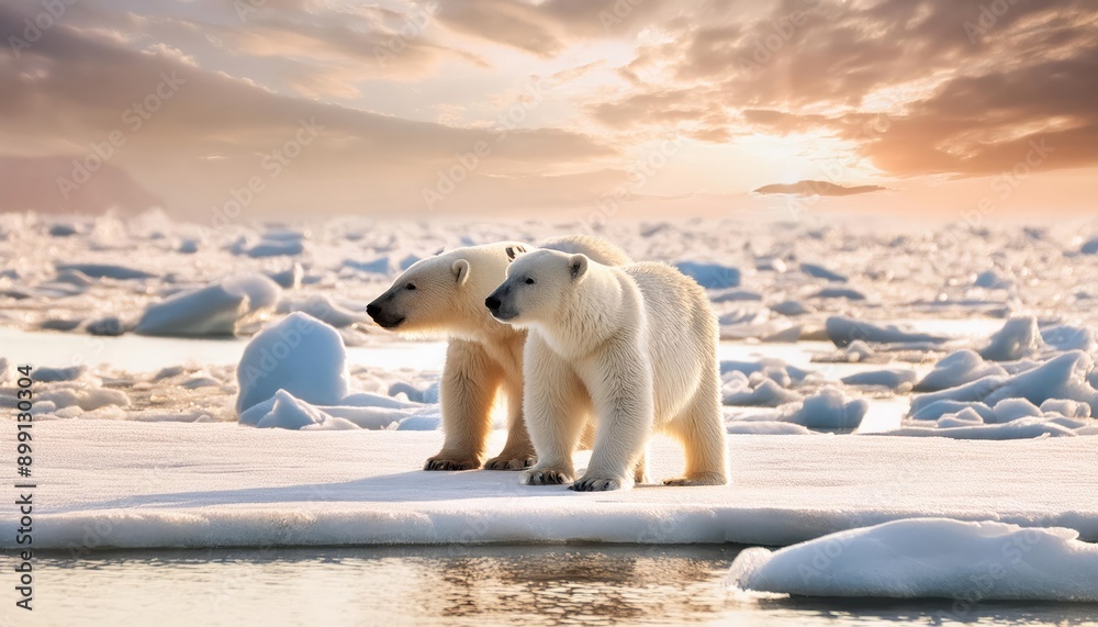 Two polar bears stand on a snowy ice floe as the sun sets in the distance