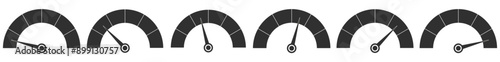 Meter level. Score measure graphic dial. Speedometer gauge indicator or customer satisfaction metering graph. Progress scale with arrows. Vector infographics set. eps 10