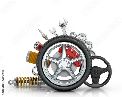 Car parts around the wheel isolated on white background.