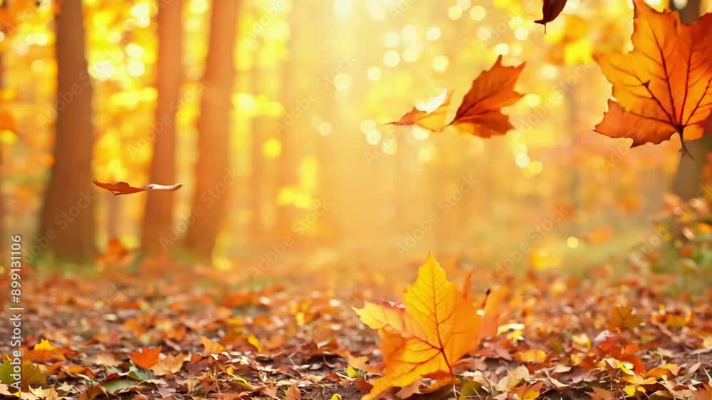 Golden autumn leaves falling on a forest floor with the word Autumn spelled out in leaves, symbolizing the beauty and change of season